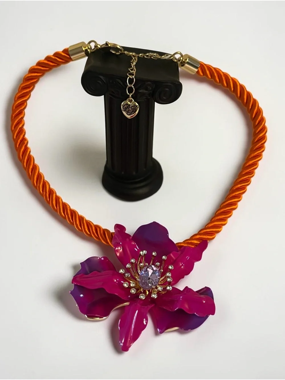 Betsey Johnson Orange Rope Necklace with Hot Pink Floral Pendant - Picture 6 of 16